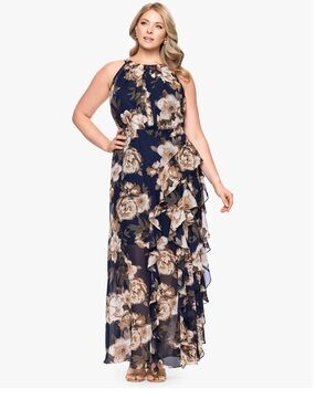 Betsy & Adam Printed Chiffon Halter Gown